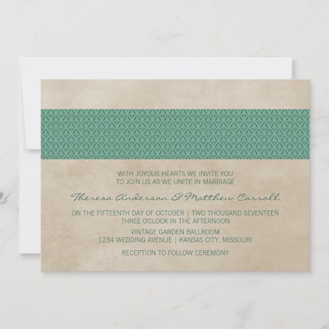 Grönt Rustic Damask Wedding Inbjudan (Framsida)