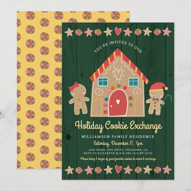 Grönt Rustic för Gingertea-julkakans Cookie Exchan Inbjudningar (Fram/baksida)