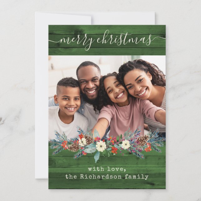 Grönt Rustic jul Greenery | Foto och skript Julkort (Framsida)