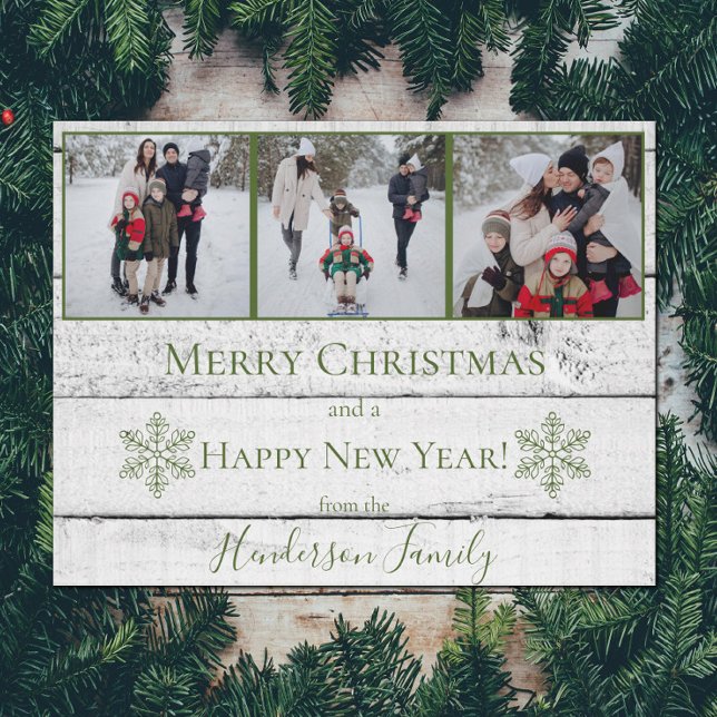 Grönt Rustic Snöflingor Flat Helgdag Photo Card Julkort (Green Rustic Snowflakes Holiday Photo Card)