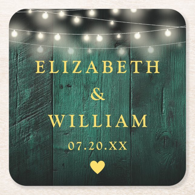 Grönt Rustic Wood Boho Barn String Ljus Bröllop Underlägg Papper Kvadrat (Framsidan)