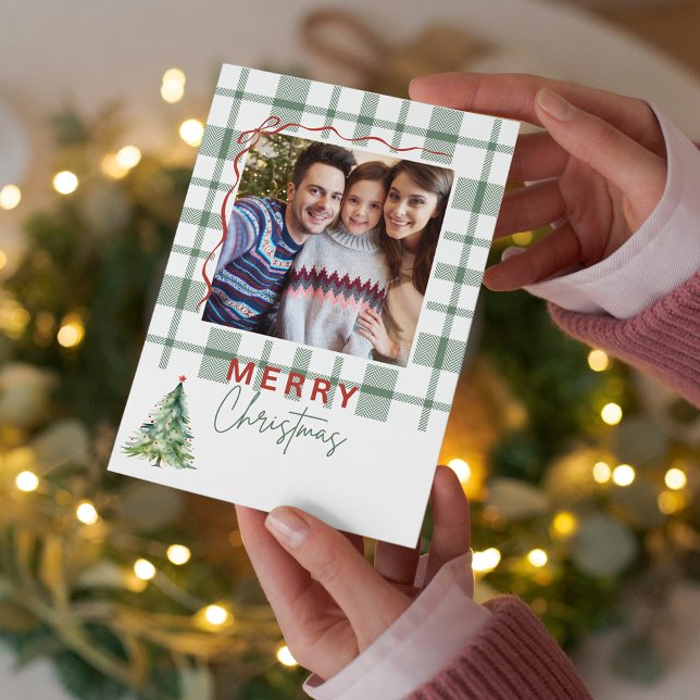 Grönt - Rustiskt fotopappat julkort Helgkort (Green Plaid Rustic Photo Folded Christmas Card)