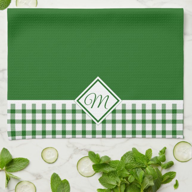 Grönt rutigt kökshandduk med monogram (Vikta)