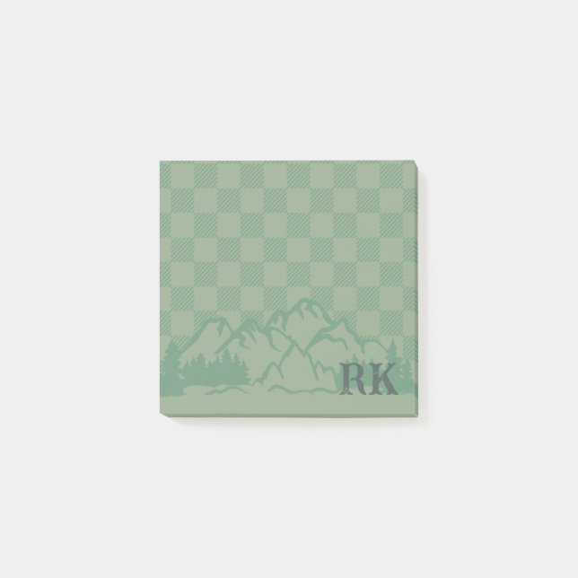 Grönt rutigt mönster Rustika monogramberg Post-it Block (Framsida)