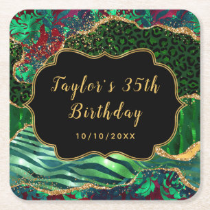 Grönt Safari Agate Birthday Underlägg Papper Kvadrat