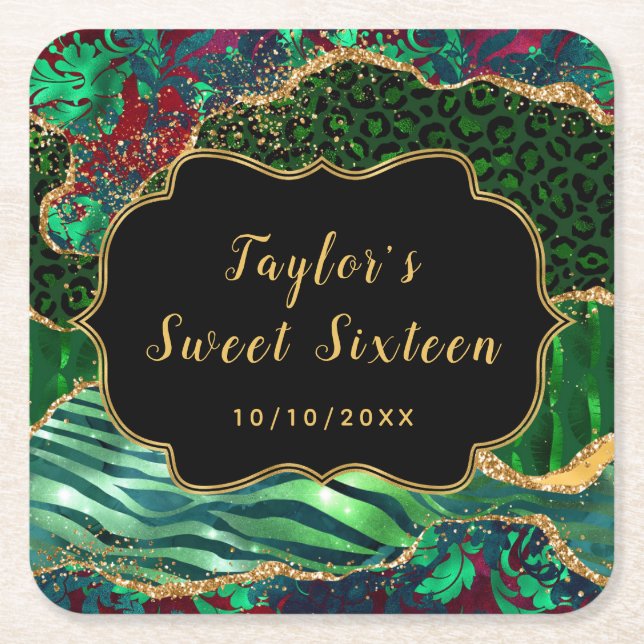 Grönt Safari Agate Sweet sixteen Underlägg Papper Kvadrat (Framsidan)