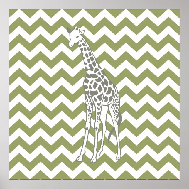 Grönt Safari Chevron med pop Art Giraffe Poster (Framsidan)