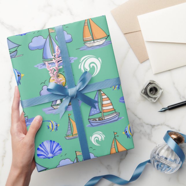 Grönt Sailing Boat Wrapping Papper Presentpapper (Gifting)