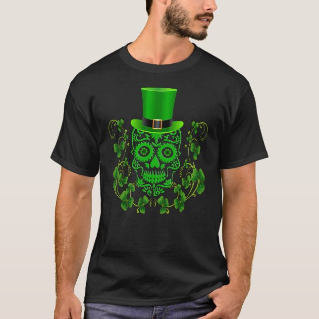 Grönt Saint Patricks Day Sugar Skull T Shirt (Framsida)