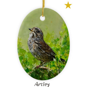Grönt Sång Sparrow Bird Painting Anpassningsbar år Julgransprydnad Keramik