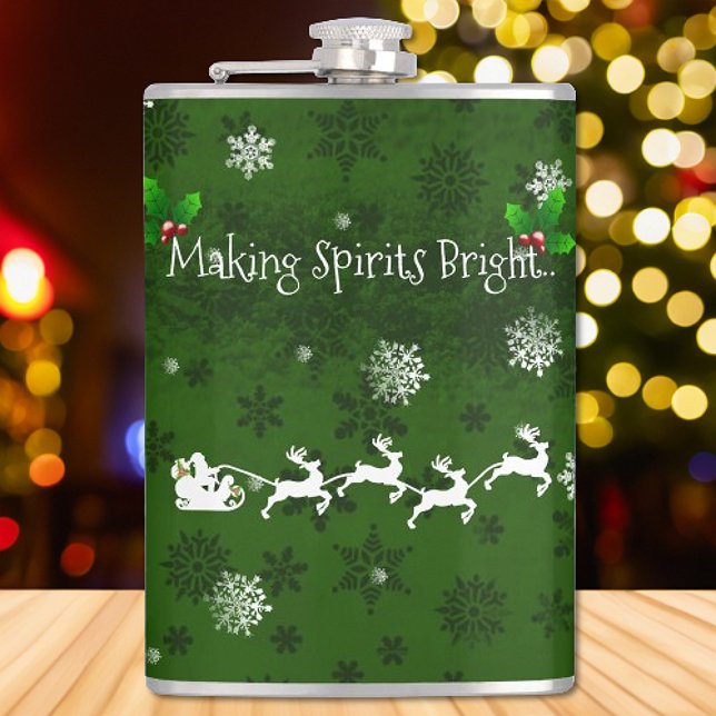 Grönt Santa's Sleigh and Reindeer Flask Fickplunta (Green Santas Sleigh and Reindeer Flask)