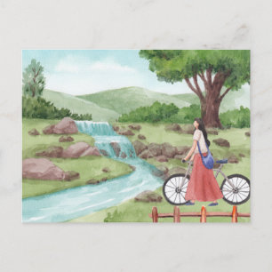 Grönt Scenery-flicka med cyklar med vattenfärg Vykort