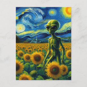 Grönt Scifi Alien i en Van Gogh-solros Fält Vykort