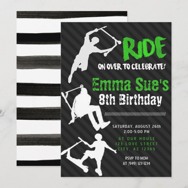 Grönt Scooter Skate Park Party Birthday Inbjudningar (Fram/baksida)