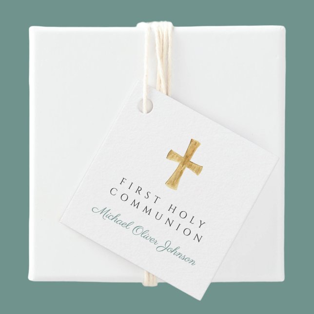 Grönt Script Kor Boy First Communion Gåvor Etiketter (Green Script Cross Boy First Communion Favor Tags)