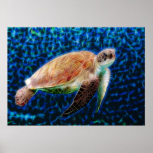 Grönt Sea Turtle Honu om Blue Fractal Art Poster