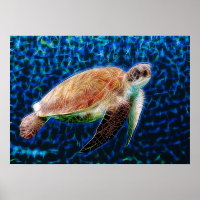 Grönt Sea Turtle Honu om Blue Fractal Art Poster (Framsidan)