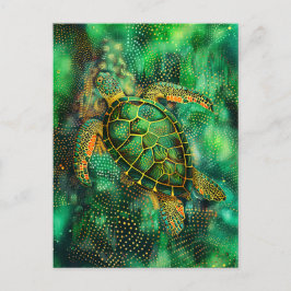 Grönt Sea Turtle in Aborigine Dot Art Stil Vykort