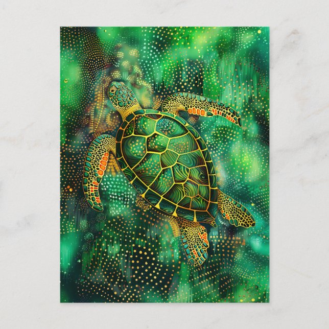 Grönt Sea Turtle in Aborigine Dot Art Stil Vykort (Framsida)