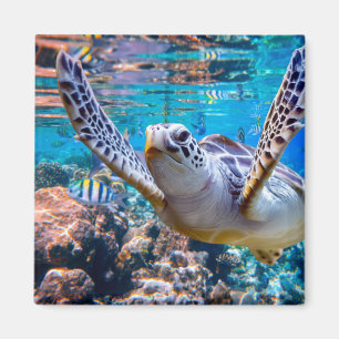 Grönt Sea Turtle Swimming over Coral Reef Hawaii Magnet