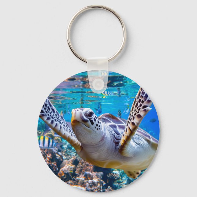 Grönt Sea Turtle Swimming over Coral Reef |Hawaii Nyckelring (Framsida)