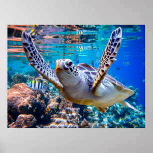 Grönt Sea Turtle Swimming over Coral Reef  Hawaii Poster