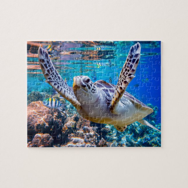 Grönt Sea Turtle Swimming over Coral Reef |Hawaii Pussel (Horisontell)