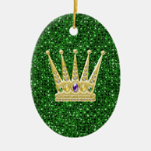 Grönt Sequin Effect Ornament w/Mardi Gras Krona