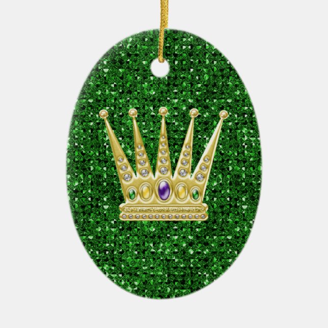 Grönt Sequin Effect Ornament w/Mardi Gras Krona (Framsidan)