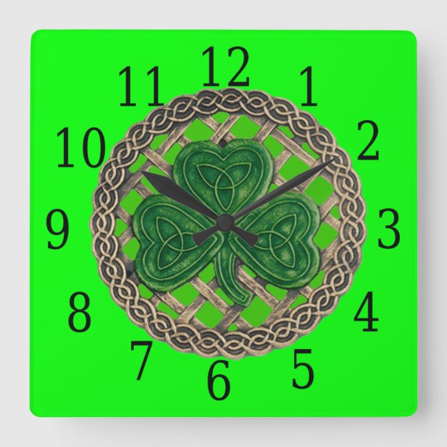 Grönt Shamrock and Celtic Knocks Square Clock Fyrkantig Klocka (Framsida)