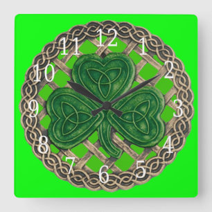 Grönt Shamrock and Celtic Knowledge Square Clock Fyrkantig Klocka