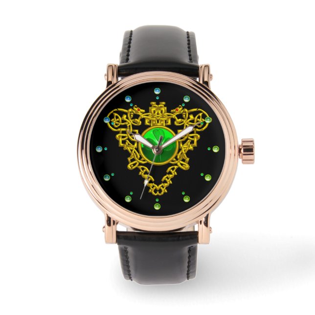 GRÖNT SHAMROCK,CELTISK KNOT HEART GULD BLACK ARMBANDSUR (Framsida)