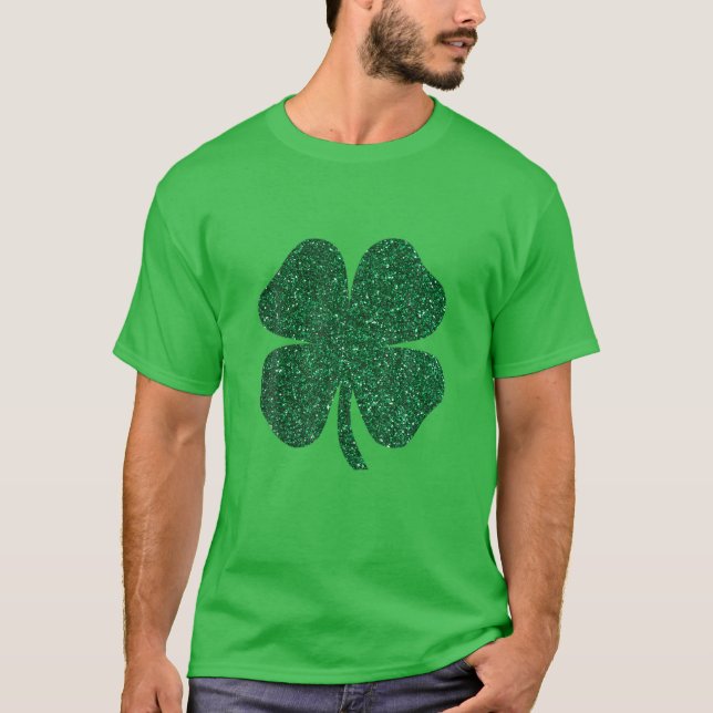Grönt Shamrock Glitter Klöver Löv Patricks Day Wo T Shirt (Framsida)