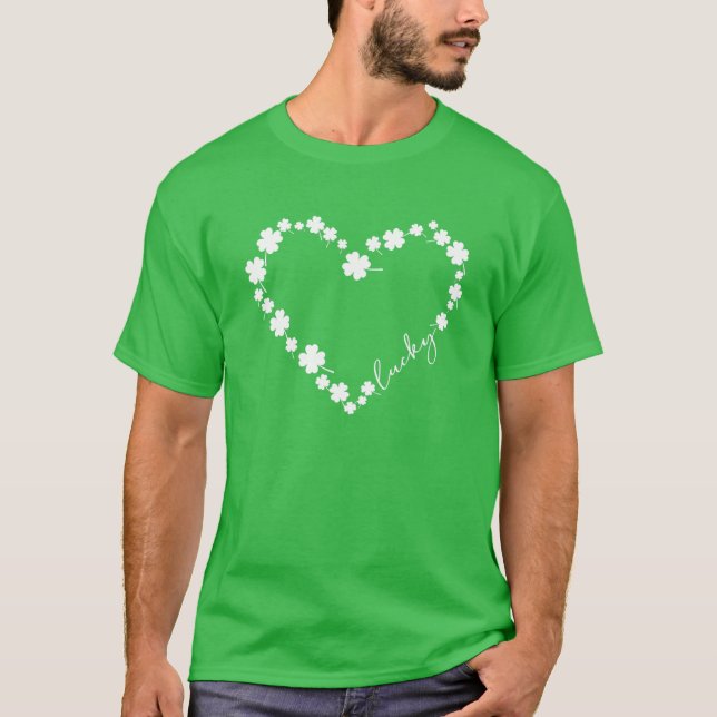 Grönt Shamrock Lucky Heart Klöver St patricks day T Shirt (Framsida)