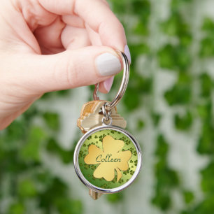 Grönt Shamrock Mönster Guld Rund Silverfärgad Nyckelring