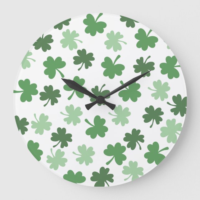 Grönt Shamrock mönster St. Patrick's Day Stor Klocka (Framsida)