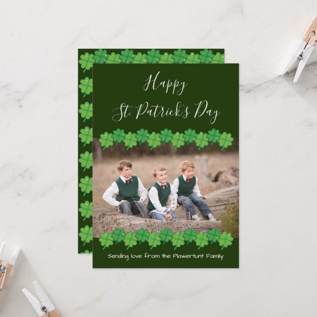 Grönt Shamrock Photo St Patrick's Day Kort (Fram/Back In Situ)