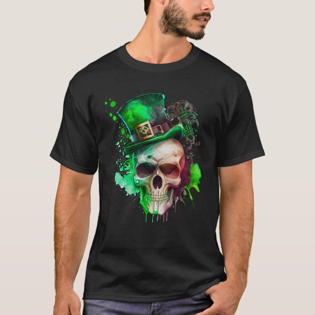 Grönt Shamrock Skull Irish St patricks day T Shirt (Framsida)