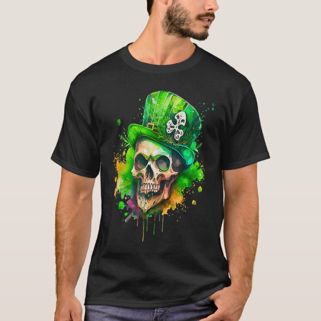 Grönt Shamrock Skull Irish St patricks day T Shirt (Framsida)
