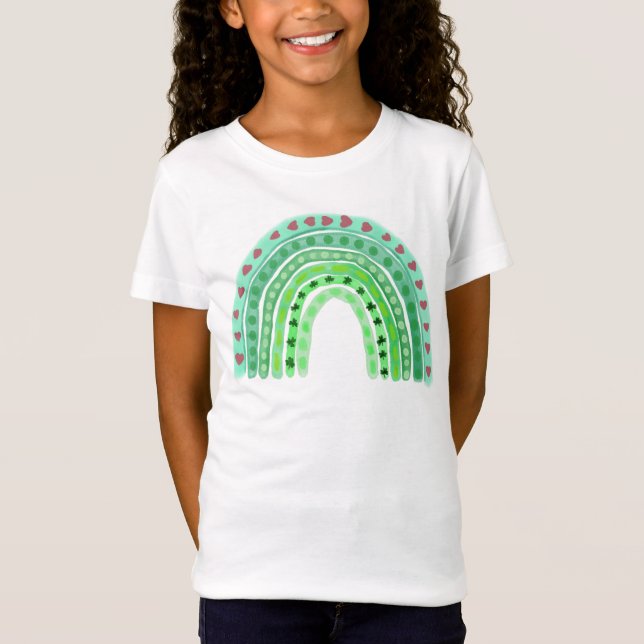 Grönt Shamrocks and Hearts Rainbow T Shirt (Framsida)