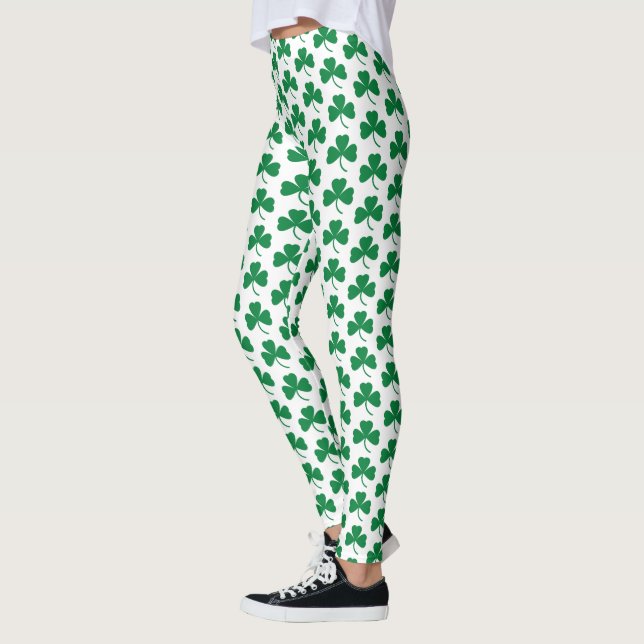 Grönt Shamrocks on White, St. Patrick's Day Leggings (Vänster)