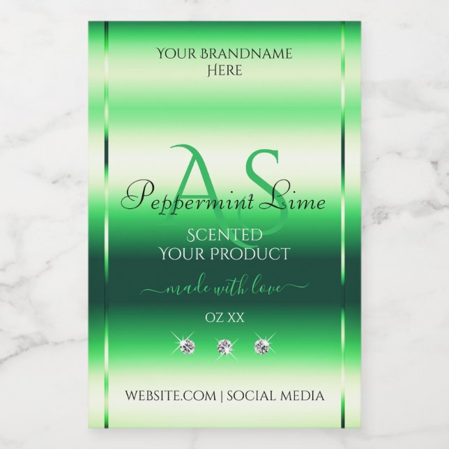 Grönt Shimmery Product Labels Rhinestones Monogram Mat Etikett (Singel etikett)