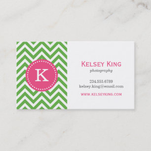 Grönt & Shock rosa Chevron Anpassningsbar Monogram Visitkort