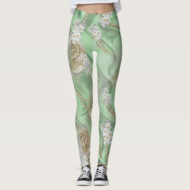 Grönt Silke och Elfenbenskustens jaktpärlor Leggings (Framsida)