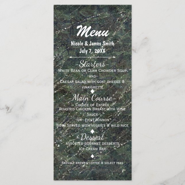 Grönt & Silver-arméns Camo Gnistra Glam Party Menu Meny (Framsida)