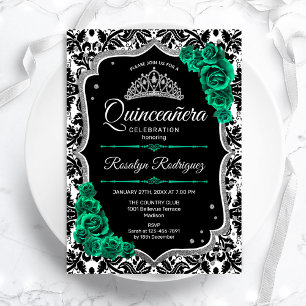 Grönt Silver Black Damask Elegant Quinceanera Inbjudningar