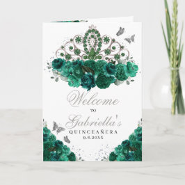 Grönt & Silver Blommigt Tiara Quinceanera-programm Inbjudan