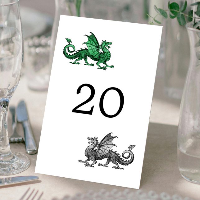 Grönt Silver Dragon Bröllop Bord-kort Bordsnummer (Green Silver Dragon Wedding Table Card)