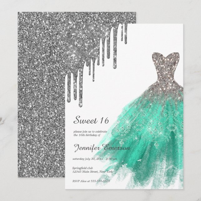 Grönt Silver Dress Glitter Drives Sweet sixteen Inbjudningar (Fram/baksida)