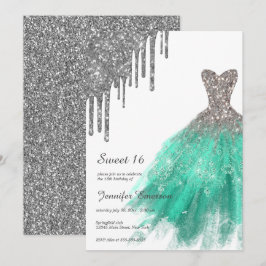 Grönt Silver Dress Glitter Drives Sweet sixteen Inbjudningar